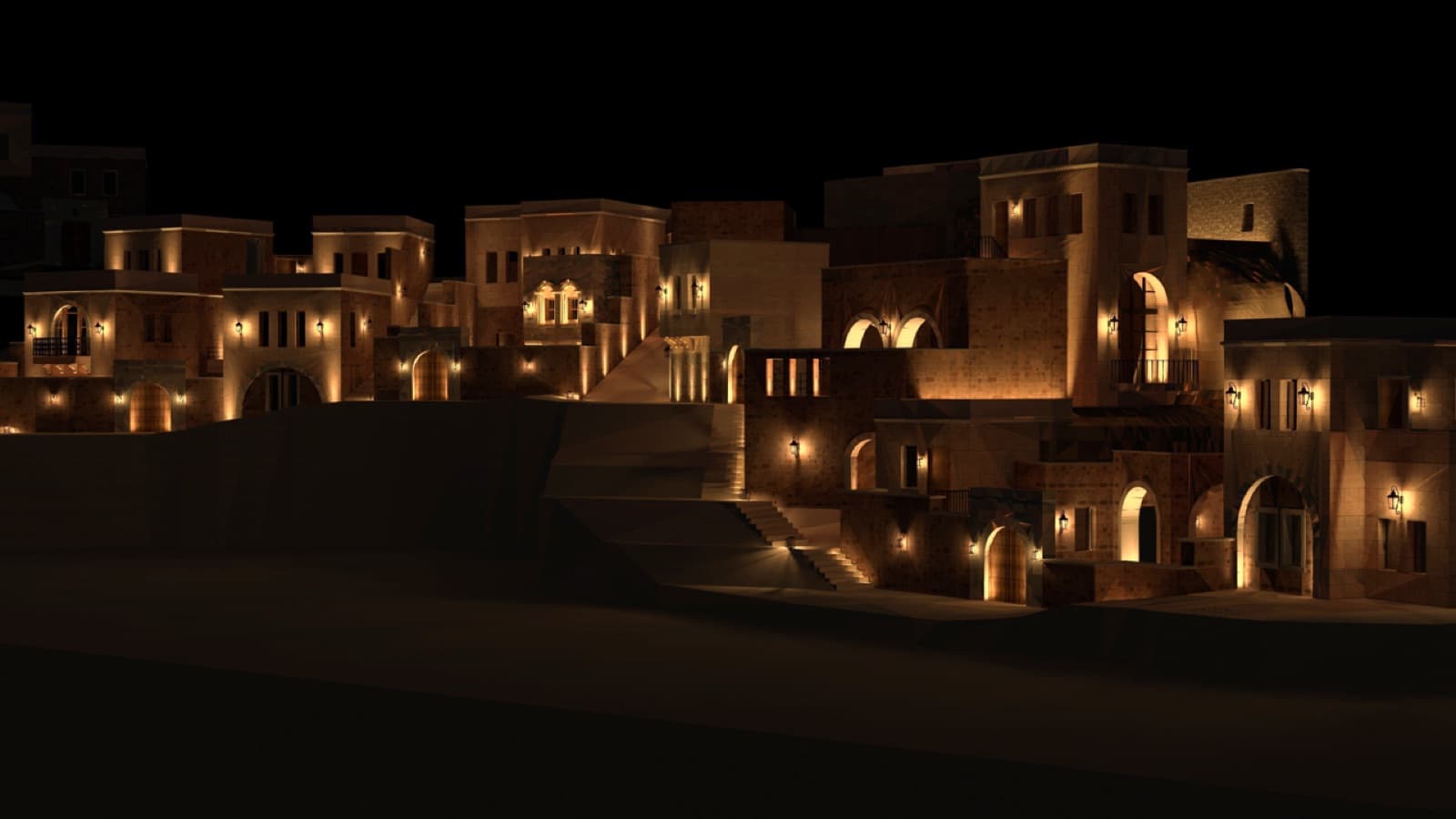 Rendering of the full Arsis complex, lit at night